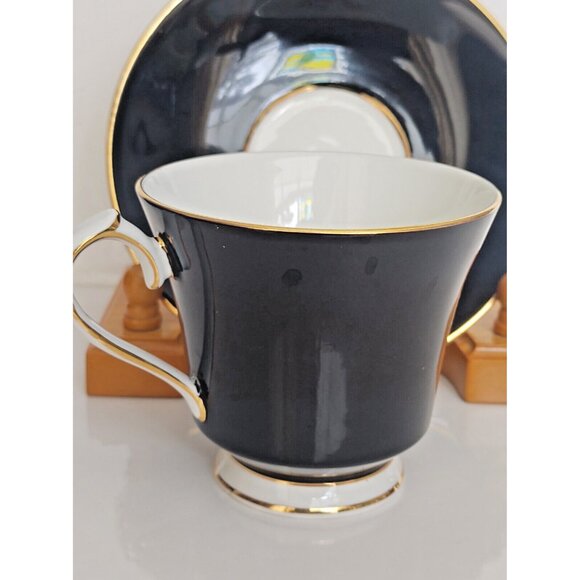 Vintage Aynsley Black Cup Set with Red Rose Flower Cup #2964 Gold Trim - Picture 5 of 11